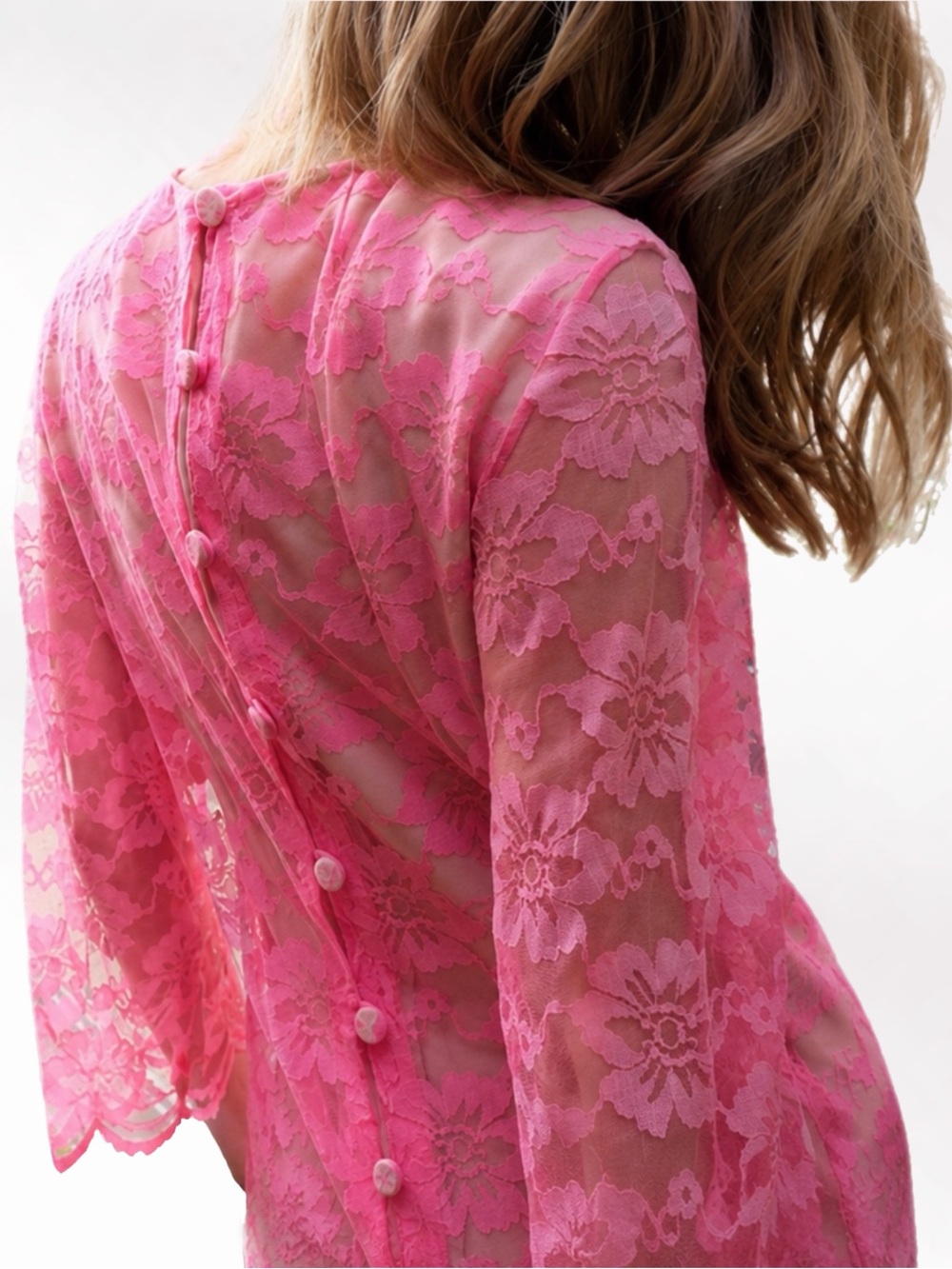 VTG 60s Neon Hot Pink Floral Lace Shift Mini Dress • Nude Slip • 3/4 Sleeve • S - Picture 2 of 16